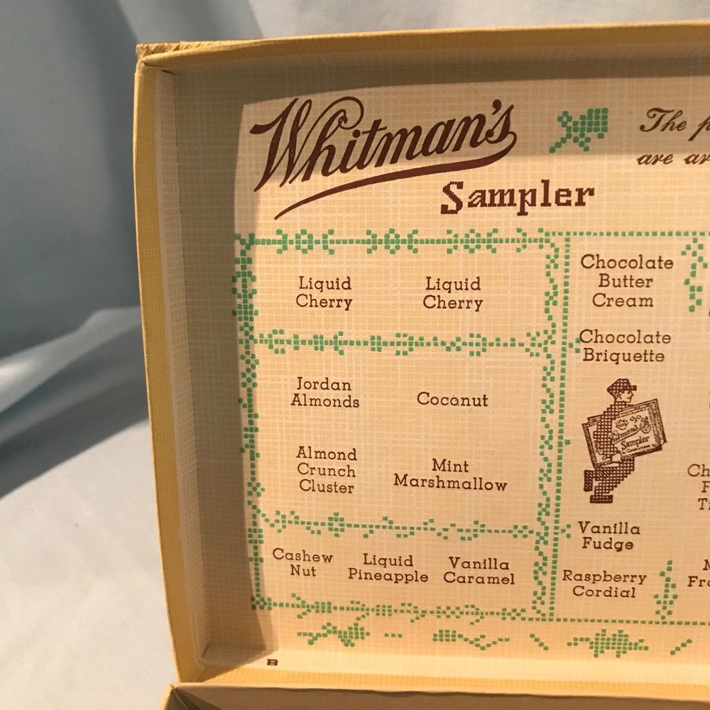 Whitman's Chocolates & Confections Cross Stitch Sampler Empty Hinged Box $11.99