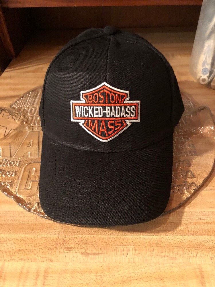 HARLEY BOSTON WICKED BADASS BASEBALL HAT BLACK EMBROIDERED PATCH on CAP