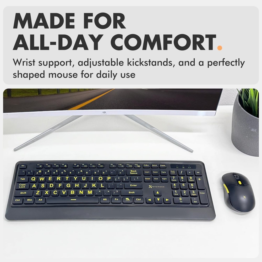Large Print Wireless Keyboard Mouse Combo 4X Larger Oversize Yellow Letters