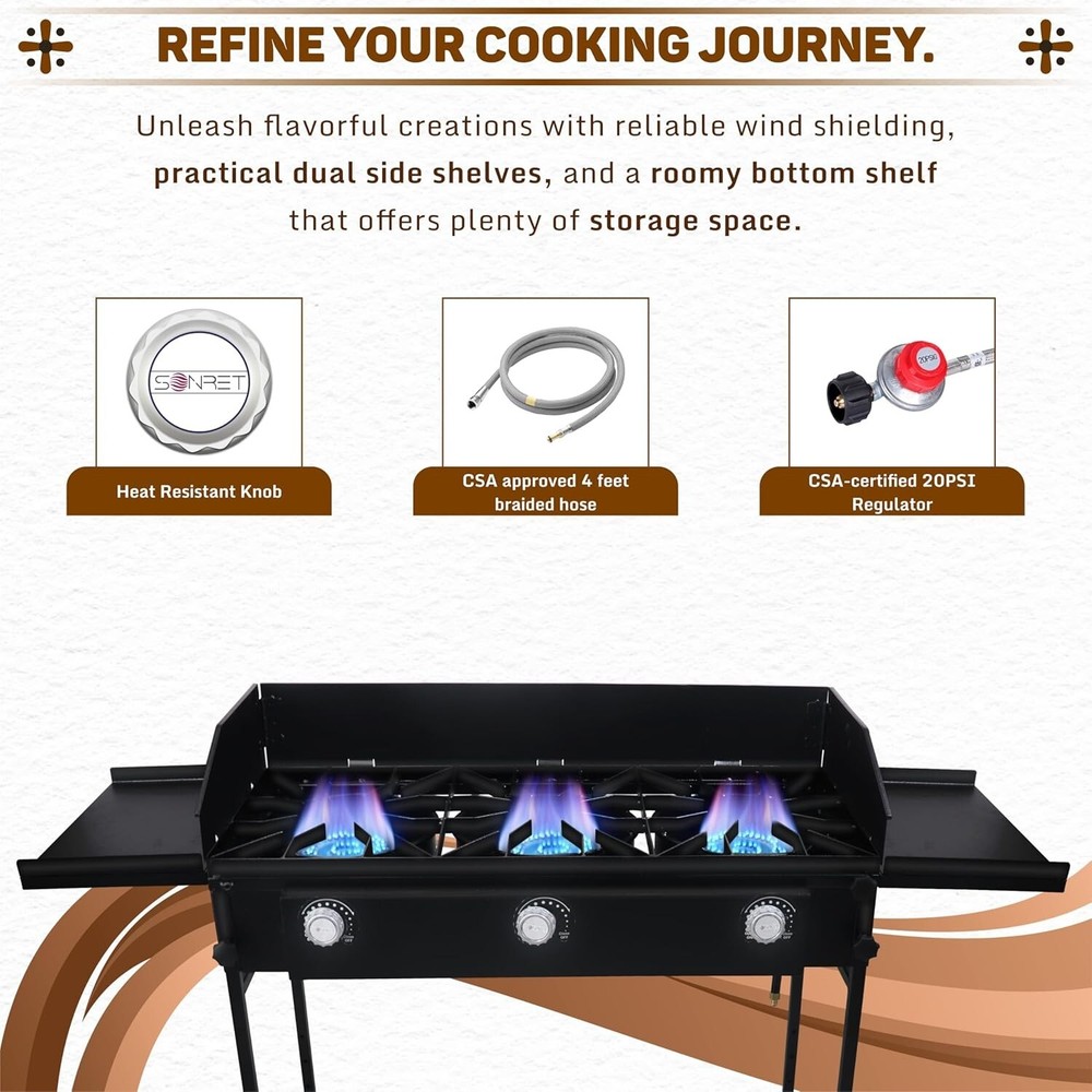 Three Burner Propane Stove - with Dual Side & Bottom Shelf and Wind Panel