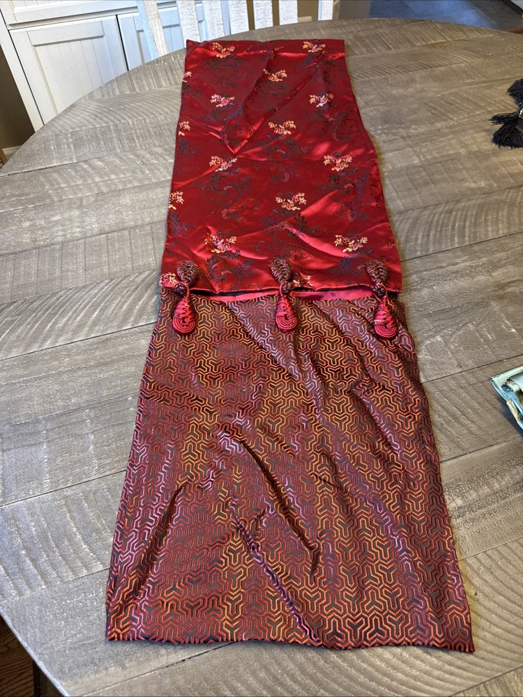 Christmas Bead Embroidery Red Decorative Table Silk Blend Runner 84"