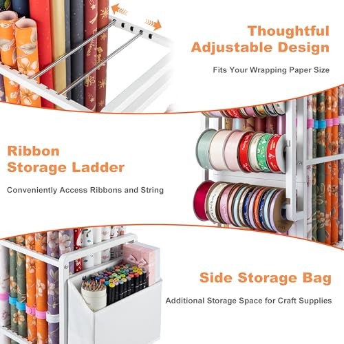 Gift Wrapping Paper Organizer Storage, Rolling Gift Wrap Storage Stand, White