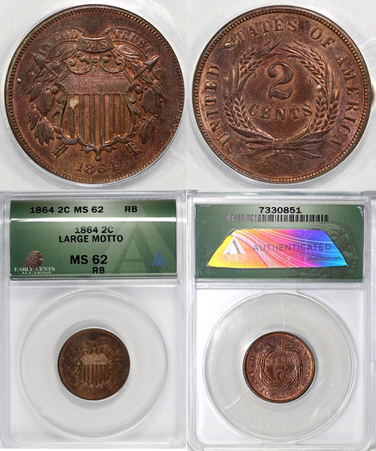 1864 2c Large Motto Two Cent Piece ANACS MS 62 RB