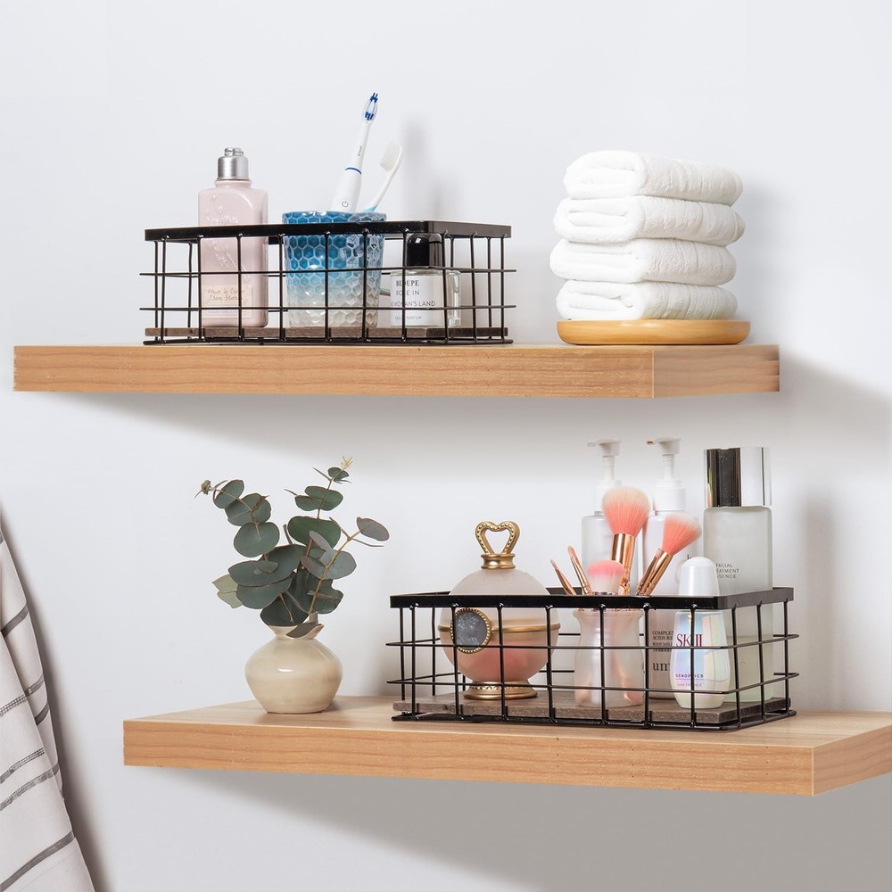 Small Metal Wire Storage Basket, Decorative Wood Base Organizer Bins for Bath...
