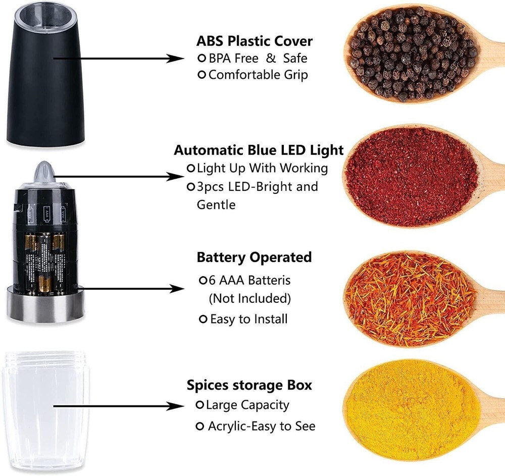 2 Pack Gravity Electric Salt and Pepper Grinder Mill Shaker Adjustable Automatic