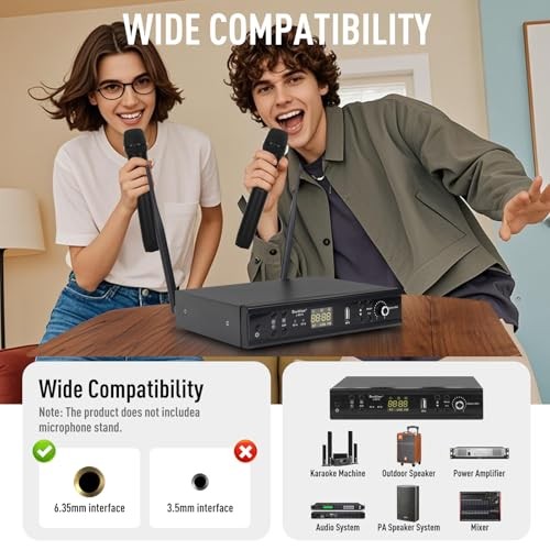 Wireless Microphone System, Dual Wireless Mics, Microphone for Singing,