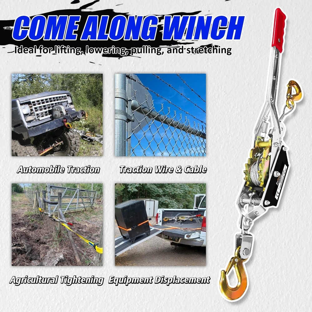 Come Along Winch 1T Pulling Capacity 7FT Steel Cable 2 Hooks Heavy Duty Ratch...