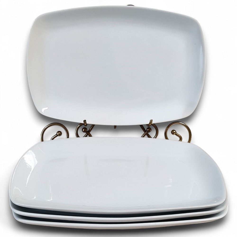 4pc Modern White Porcelain Serving Platters 12"x 8" Rounded Rectangular