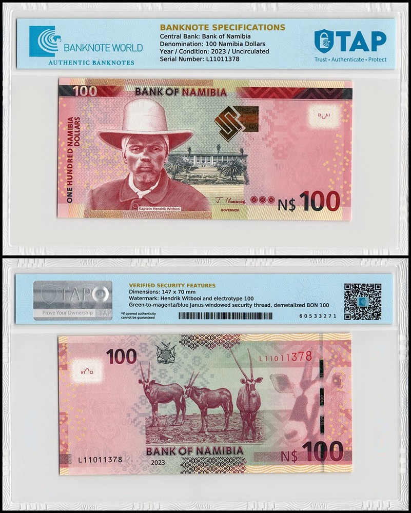 Namibia 100 Namibia Dollars, 2023, P-14a.3, UNC, Authenticated Banknote