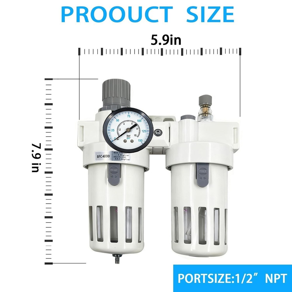 1/2" NPT Compressed Air Filter Regulator Lubricator Combo-Double,Semi-Auto Drain