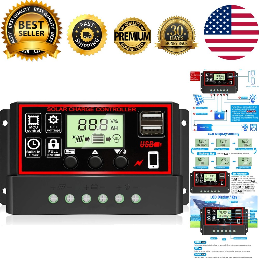 Versatile 30A Solar Charge Controller with User-Friendly LCD & Dual USB Power