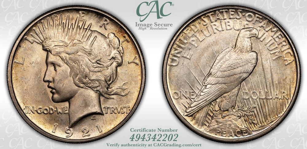 1921 PEACE SILVER DOLLAR HIGH RELIEF CACG MS64