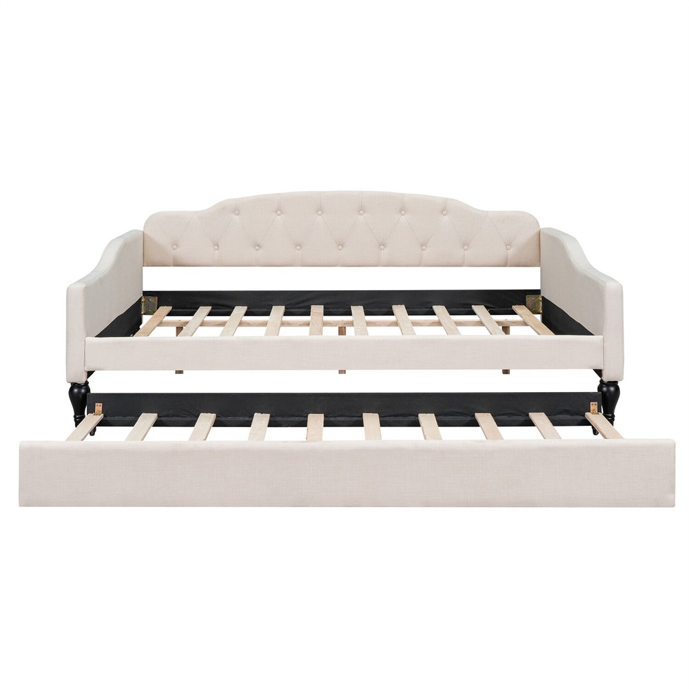 Full Size Daybed with Pull-Out Trundle Bed Upholstered Bed Frame Sofa Bed Beige