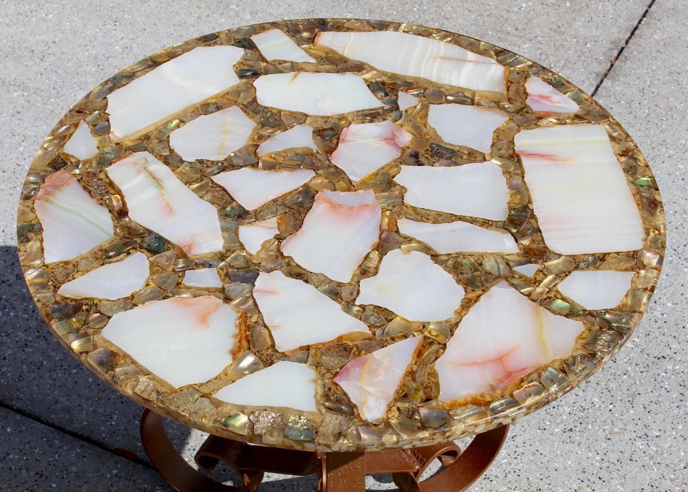 Vintage Agate, Onyx & Abalone Mosaic Side Table with Wrought Iron Base