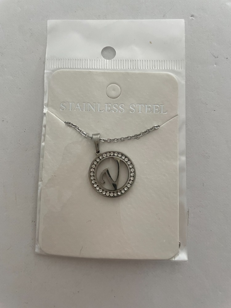 Silver Tone Rhinestone Initial V Pendant Necklace