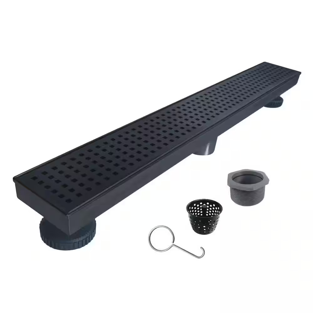 24 In. Matte Black Linear Shower Drain with Square Pattern Drain Cover