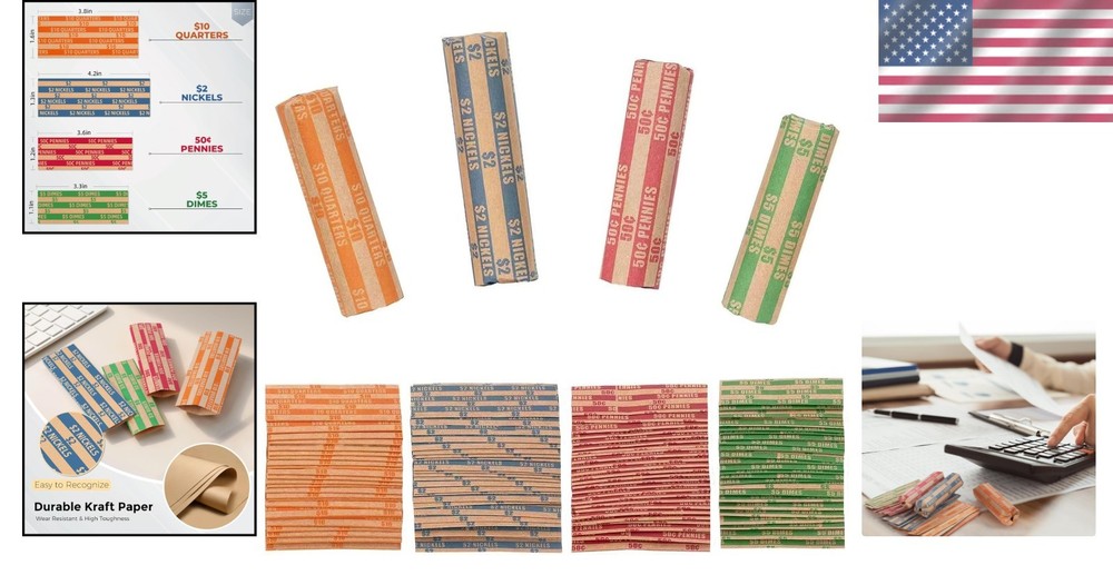 Durable Coin Roll Wraps - 100 Assorted Flat Wrappers for Easy Coin Organization