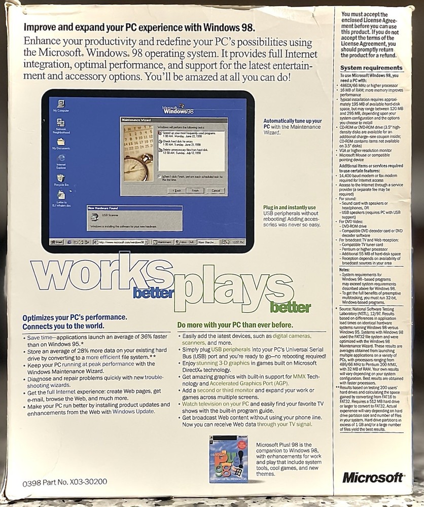 Windows 98 Compkete CD + Key + Boot 3.5 With Upgrade Disk + Box & Documents 100%