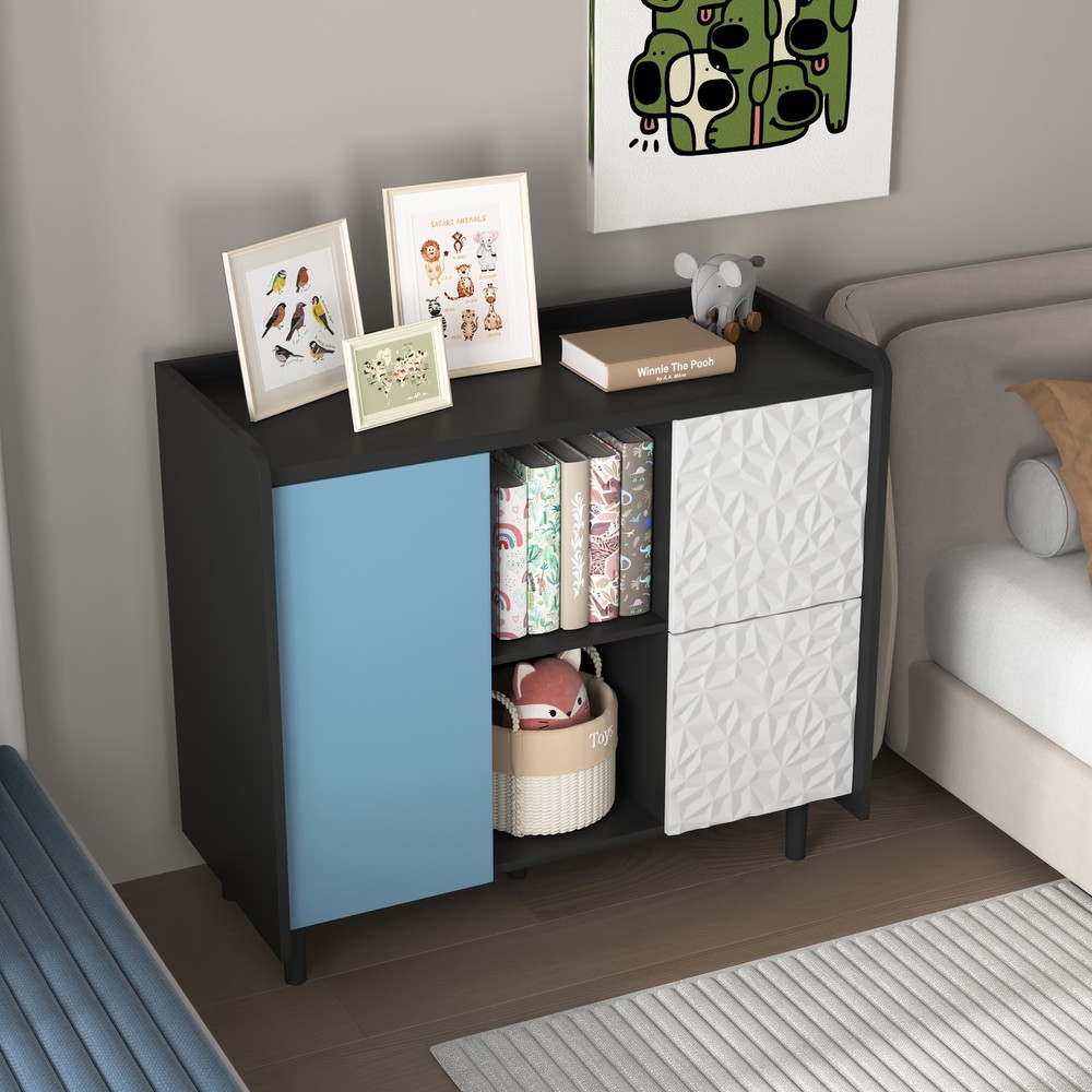 Sideboard Buffet Cabinet, Black Storage Cabinet with Red Doors , 2 Drawers wit