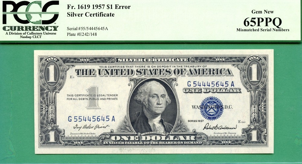 ERROR MISMATCHED & ALMOST BINARY SERIALS - 1957 PLAIN $1 SC - PCGS GEM 65 PPQ