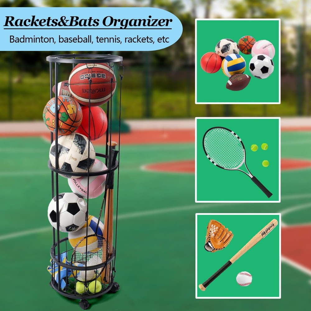 Upgrated Ball Storage Rack with Small Bottom Ball Holder, 3 Adjustable Elasti...