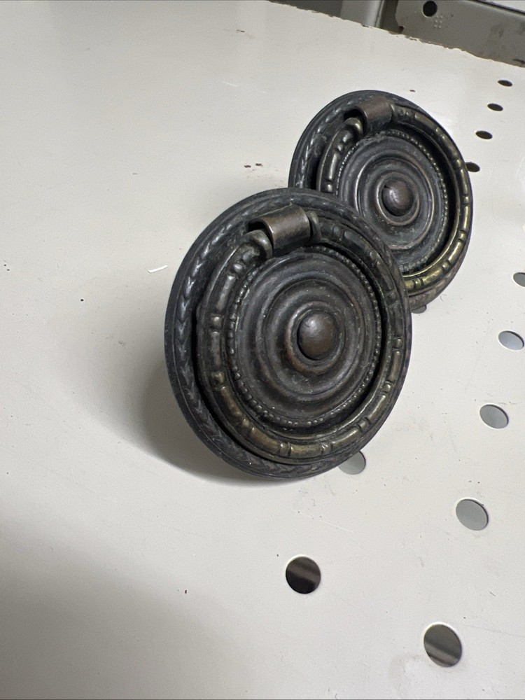 Set of 2 Antique Solid Brass Ring Drawer Pulls 2.25" Wide