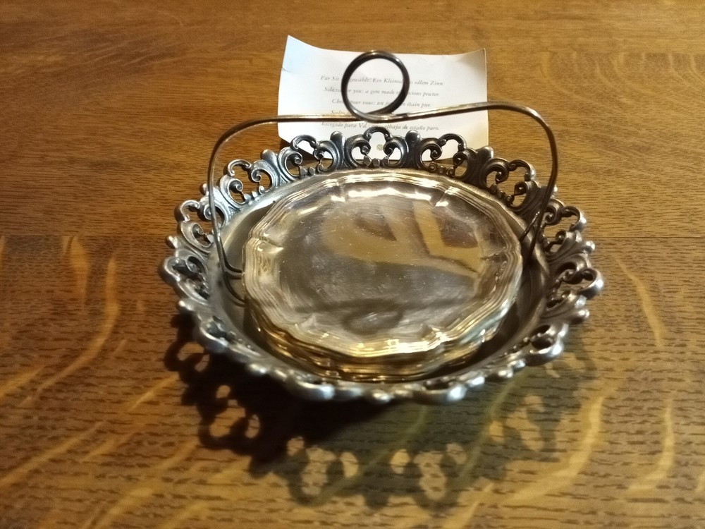 Vintage Fine Pewter Set, 10 Stackable Round Coasters with Holder