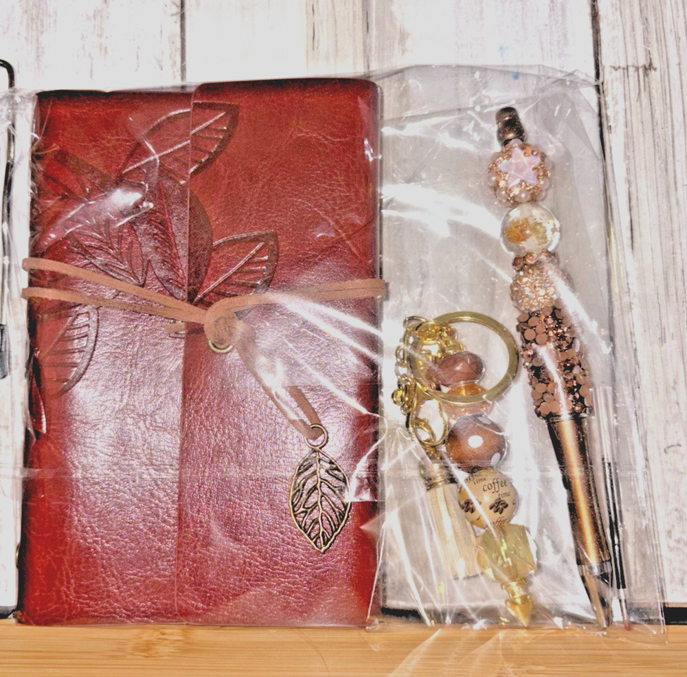 HANDCRAFTED BEADED PEN , key chain & NOTE PAD SET