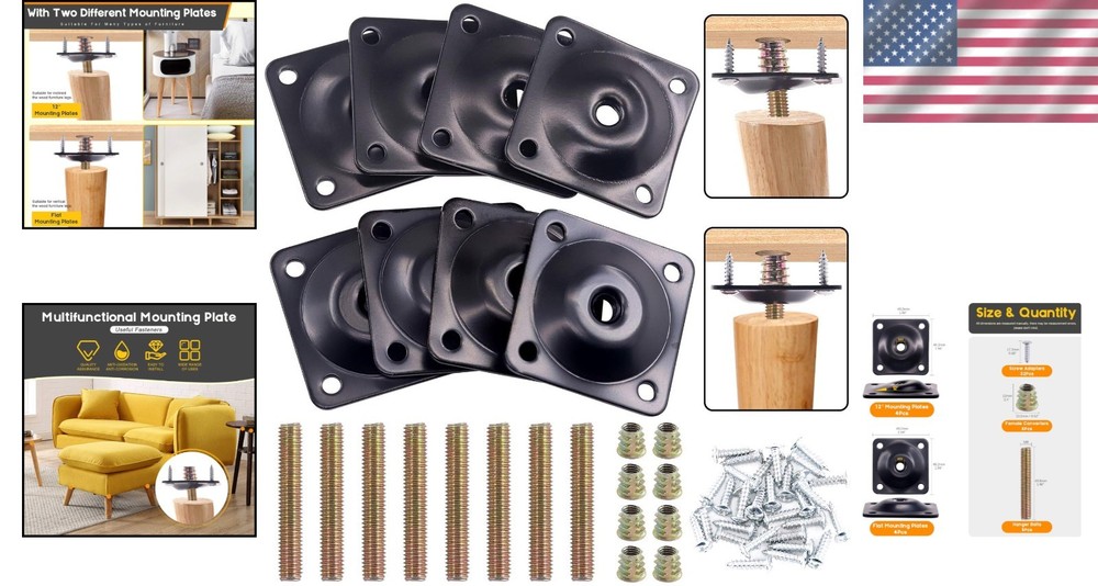 Durable Black Flat & Angled Leg Mounting Plates for Sofas - Easy Install Kit