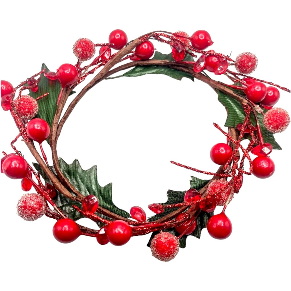 Vintage Sugar Beaded Holly Berry Ruby Rhinestone Christmas Candle Base Decor 4"