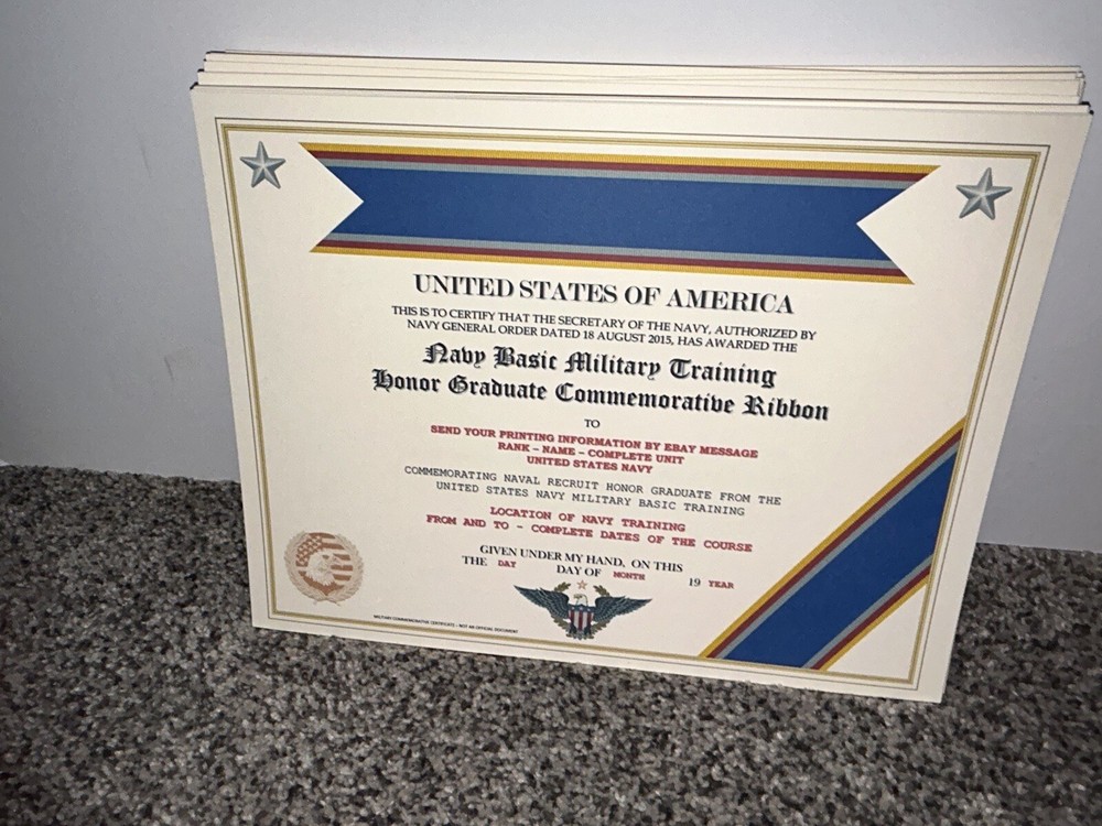 NAVY BOOT / B.T. HONOR GRADUATE COMMEMORATIVE CERTIFICATE ~ W/PRINTING TYPE-1
