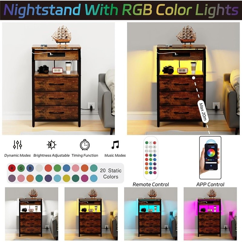 Compact Night Stand W/ USB Ports LED Light Table Bedroom Storage Solution