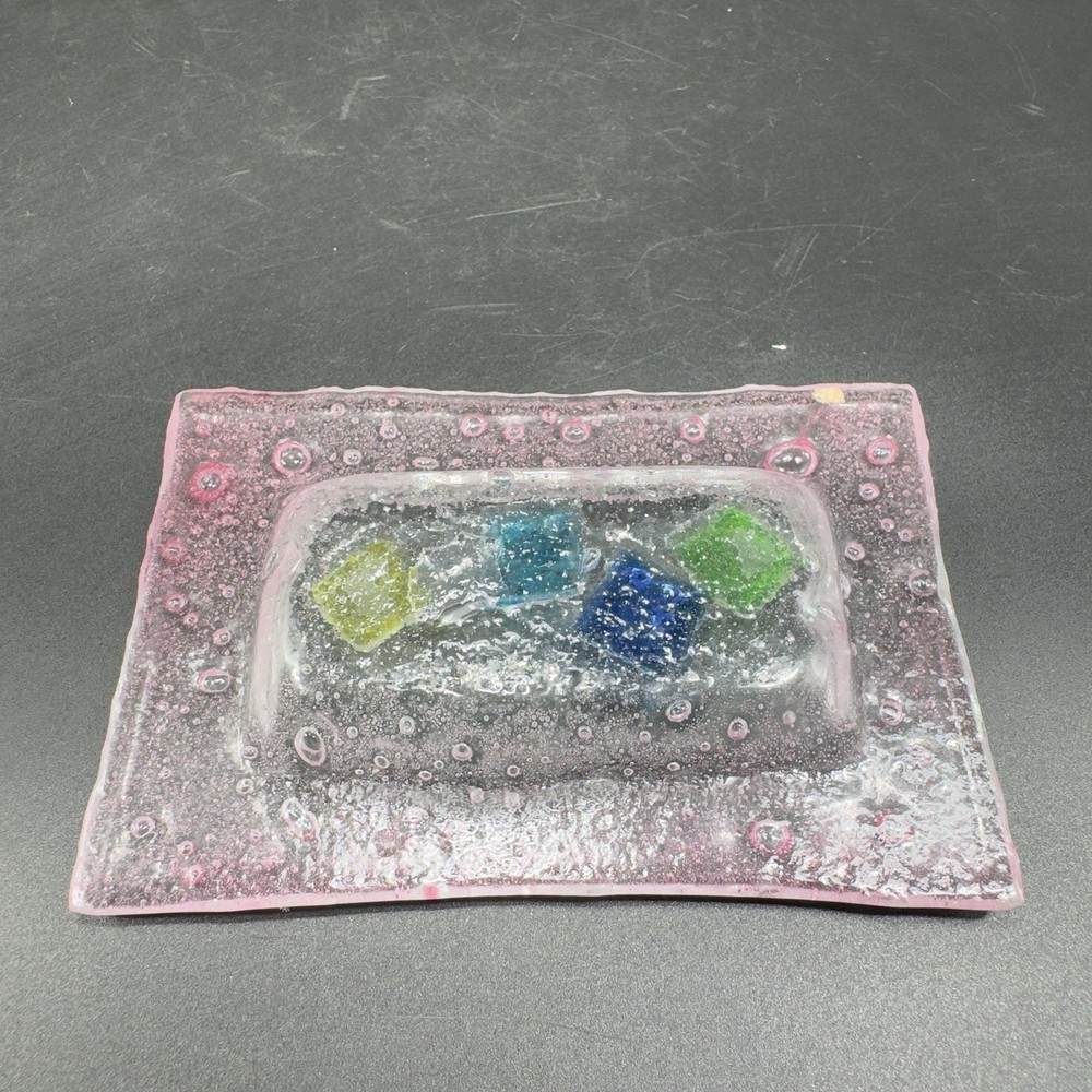 Vintage Hand Made Rectangular Trinket Dish Holder Container Plate Pink Bubbles