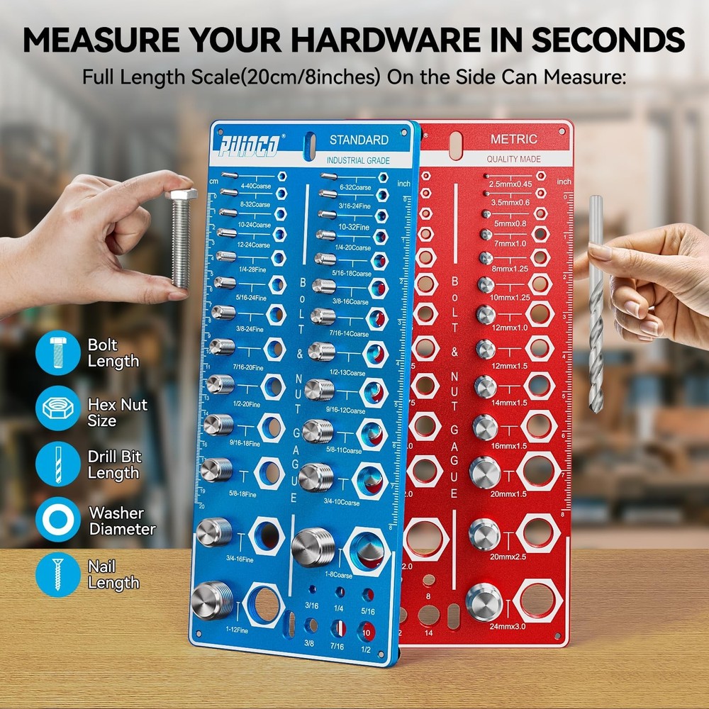 62 Nut and Bolt Thread Checker Standard and Metric, Bolt Size and Thread Gaug...