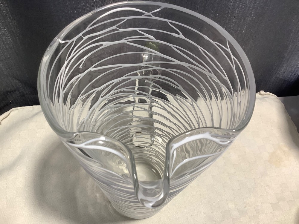 Clear Glass 10” Pitcher Raised White Drizzle Glaze Applied Handle