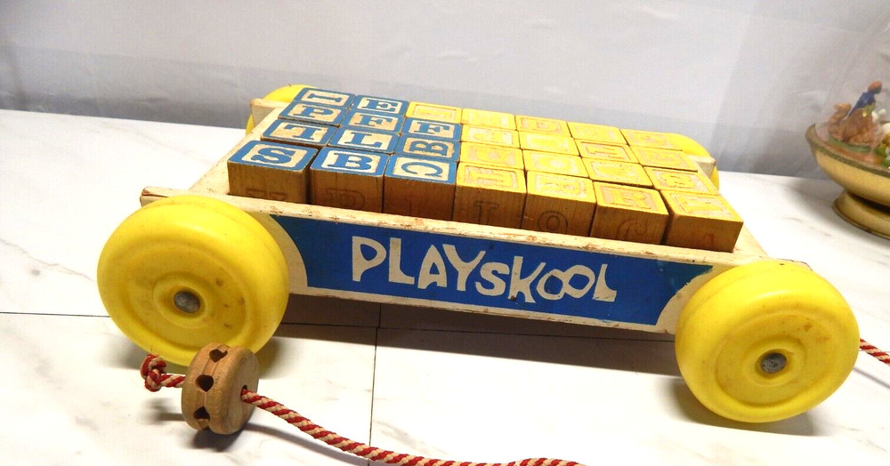 Vintage Playskool Wooden Pull Wagon w/ Alphabet Blocks