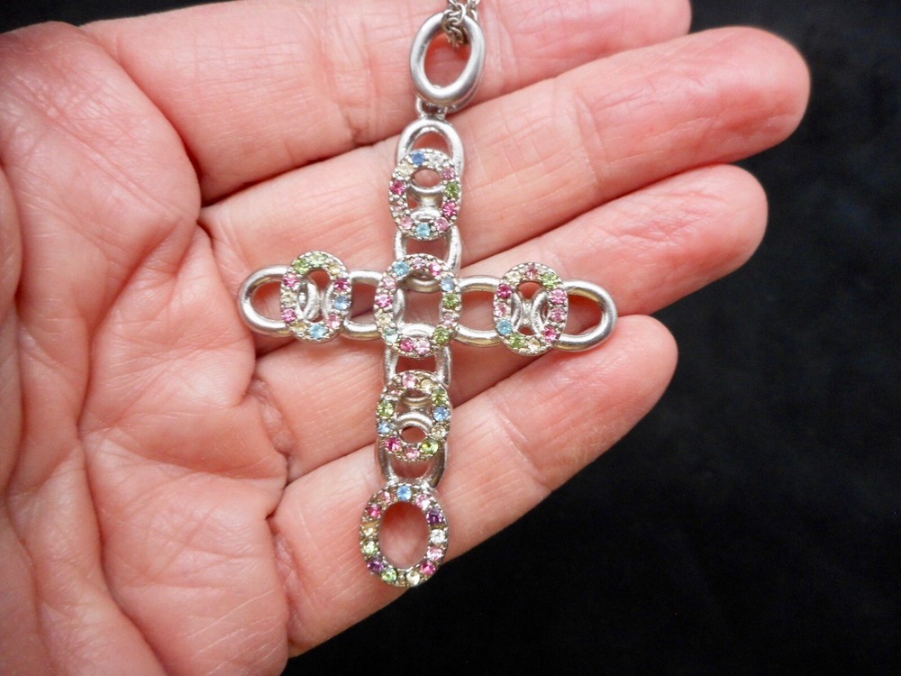Vintage 1970's Pastel Rhinestone Open Work Cross w/Chain