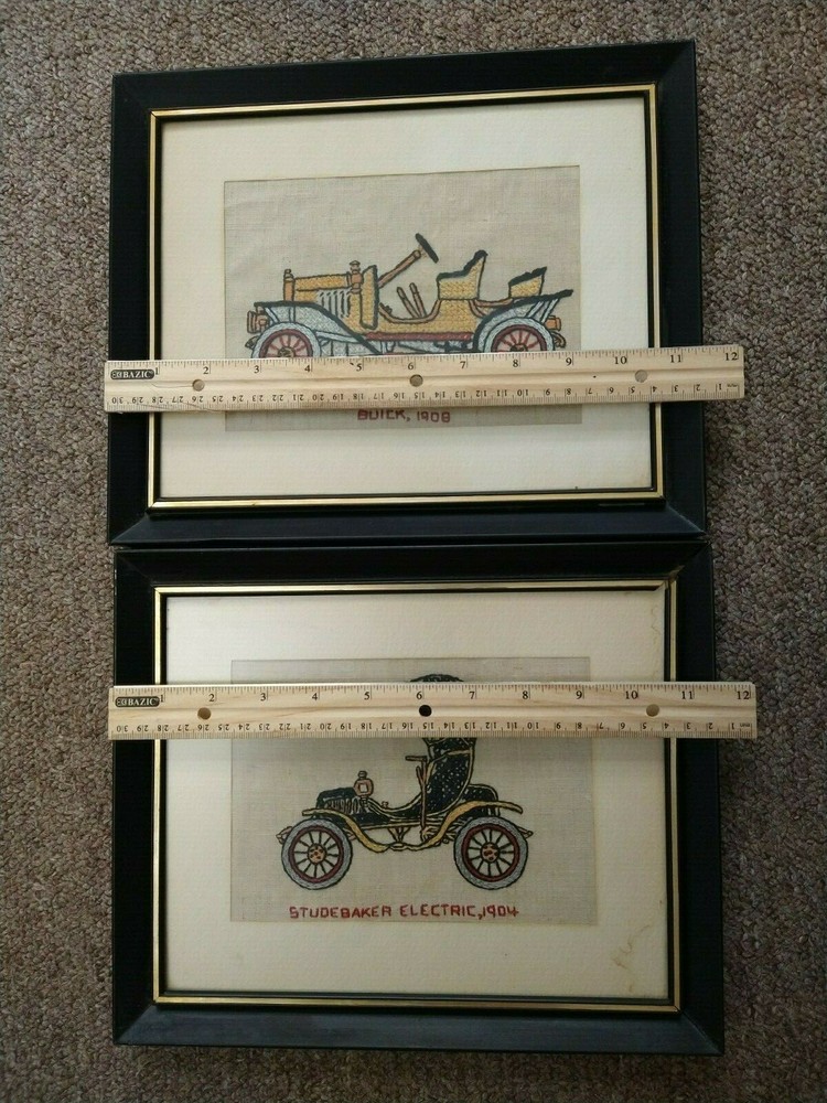 Framed Needlework Cross Stitch Cars - Studebaker Electric,1904 & Buick,1908 2 Pc