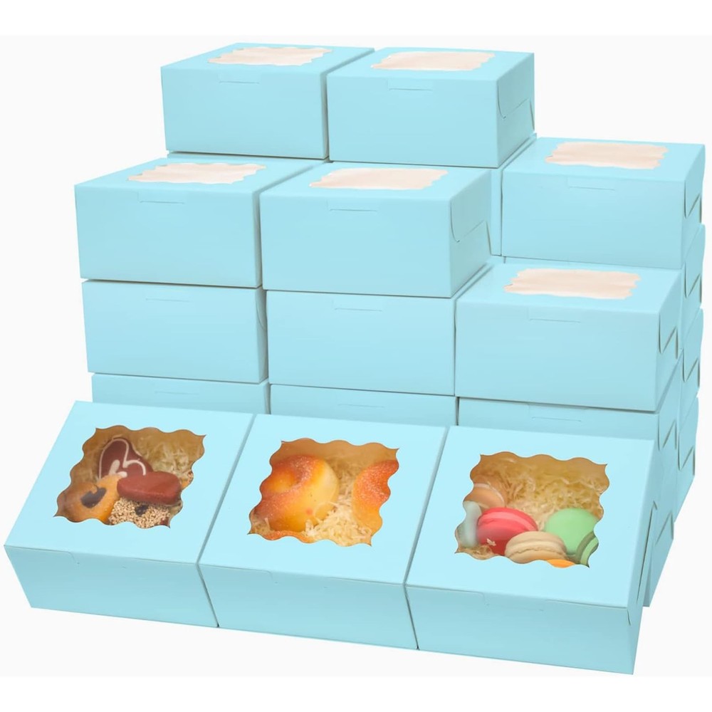 60 PCS Light Blue Bakery Boxes Window 6x6x3 Inch Macaroon Pastry Cookie