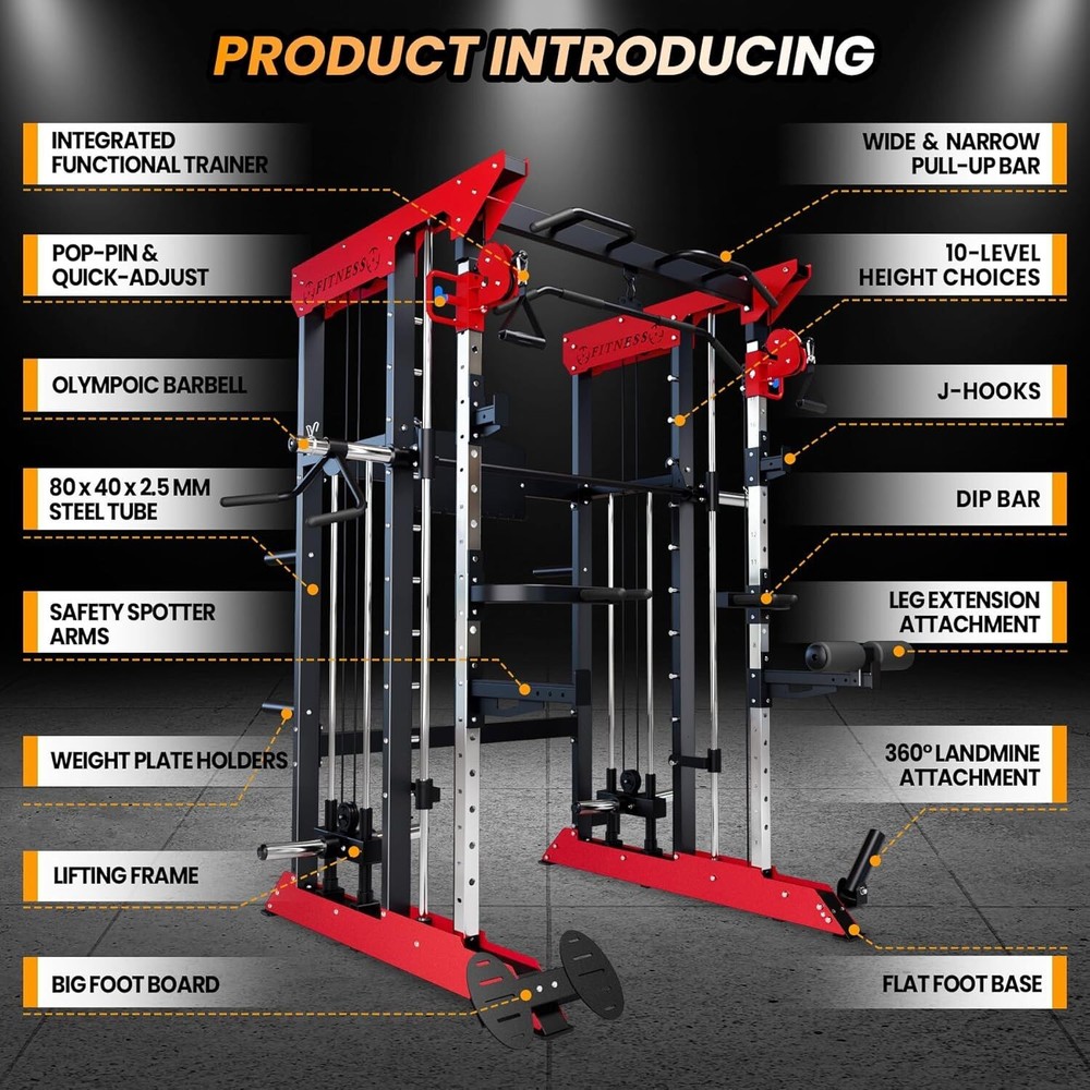 Power Cage Smith Machine - 3600lbs Multi-Functional Power Rack w/Cable Crossover