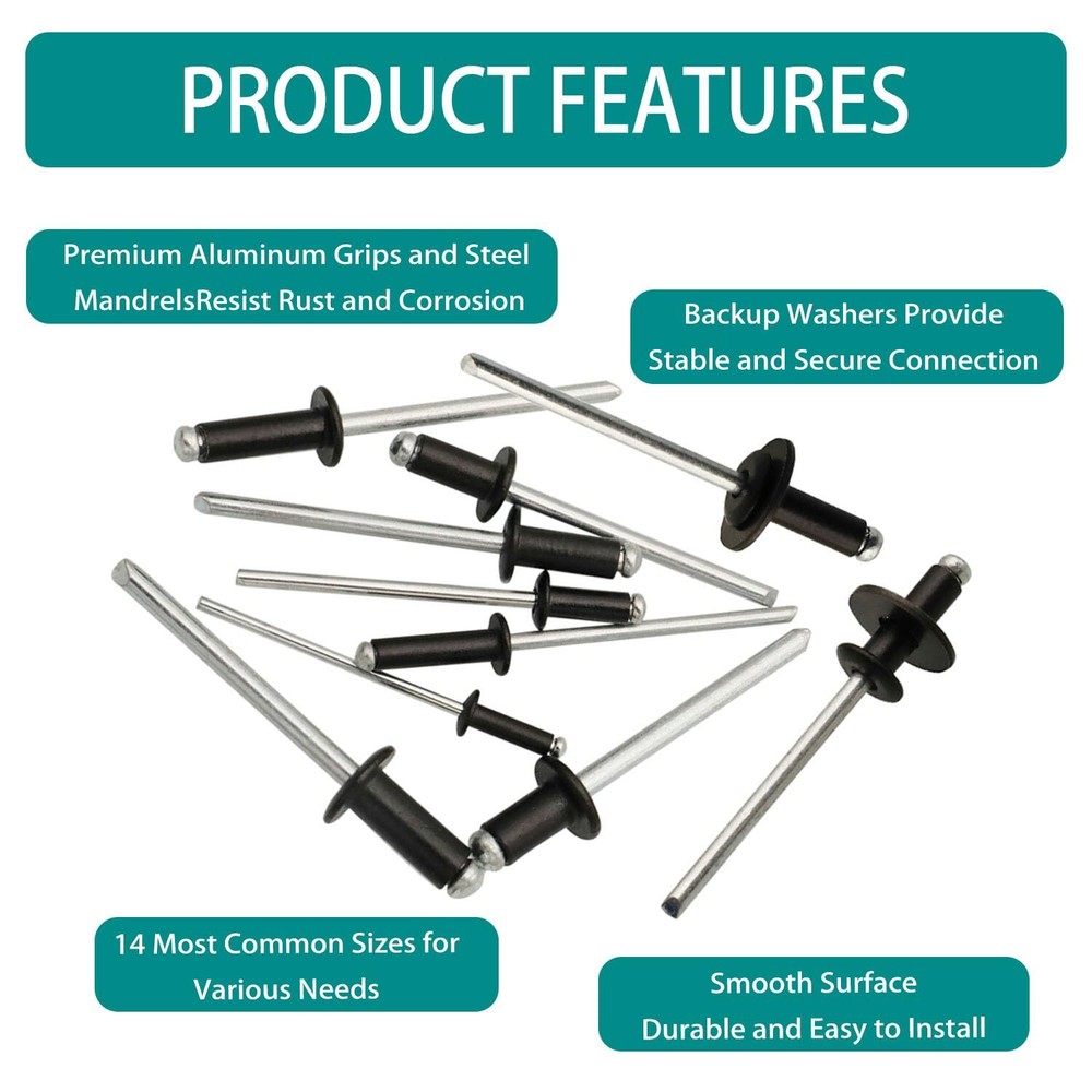 940Pcs Black Rivets with Washer14 Sizes Pop Rivets Assortment KitBlind Alumin...