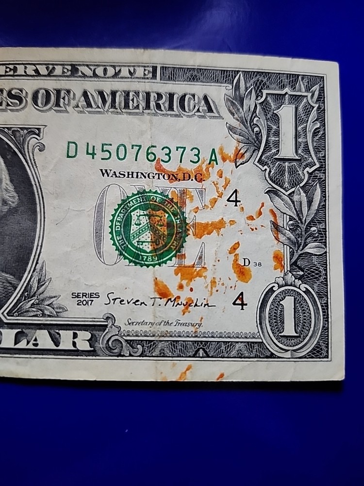 2017 $1 Note, Off-center Print Reverse, Orange Ink Contamination Error Obverse.