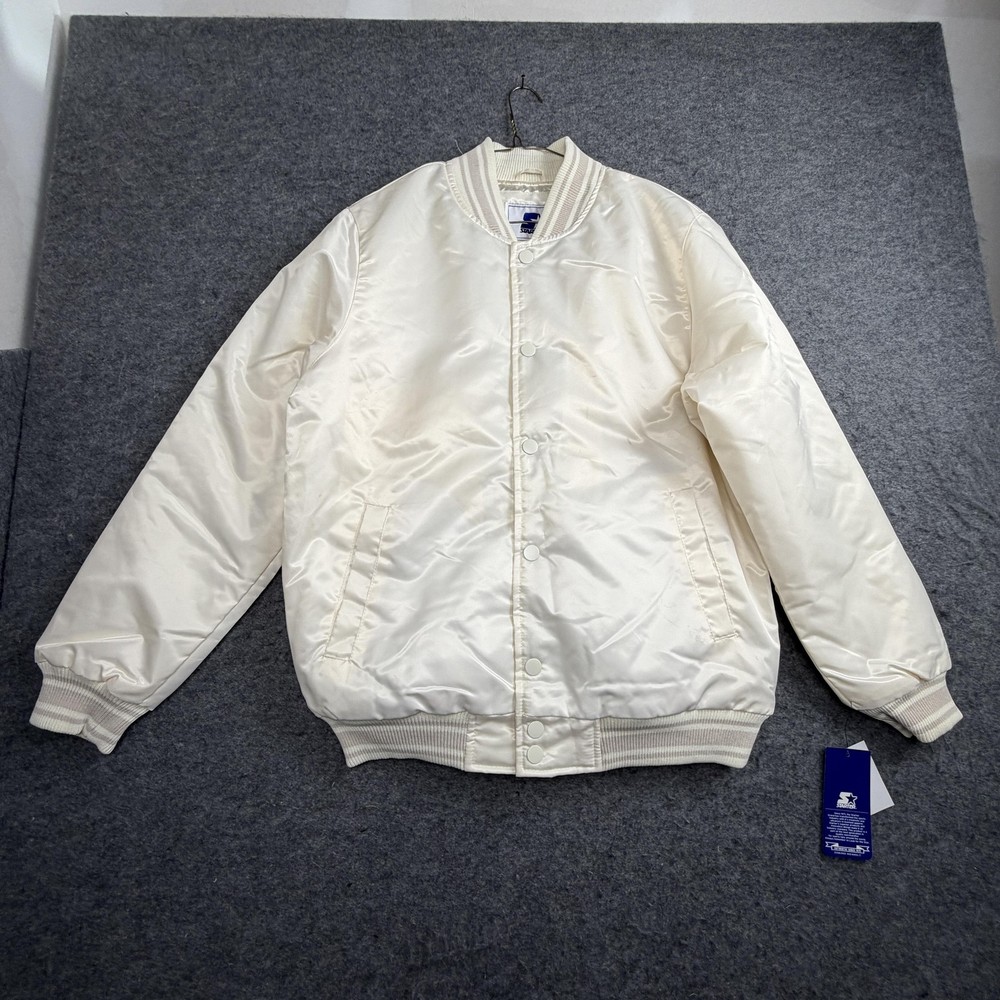 Starter Jacket Mens Medium White Satin Varsity Quilted Bomber MSQVJW00