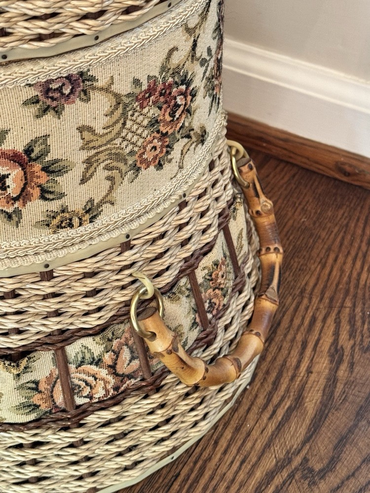 Vintage Rare Triple Stack Three Tier Wicker Sewing Basket Upholstered Ottoman