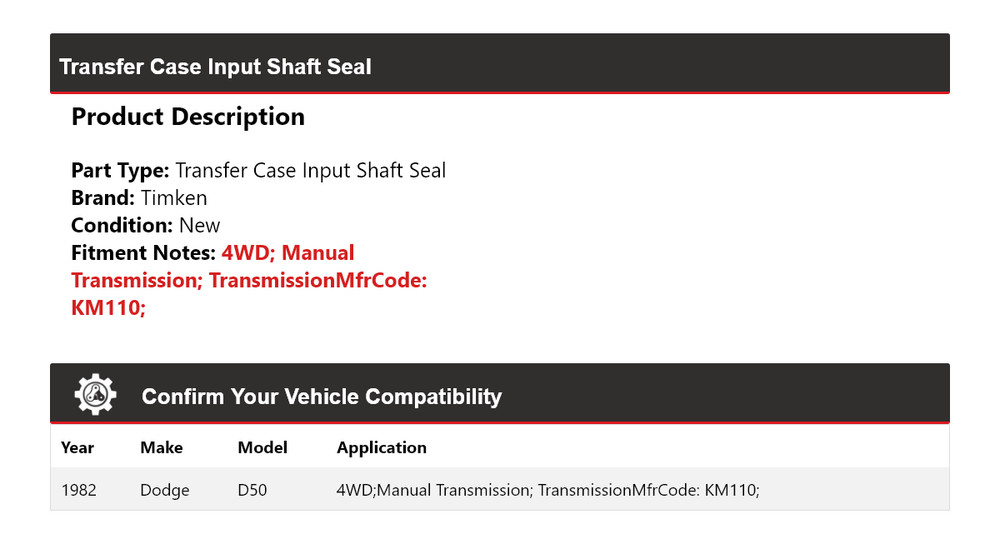 For 1982 Dodge D50 4WD Transfer Case Input Shaft Seal Timken