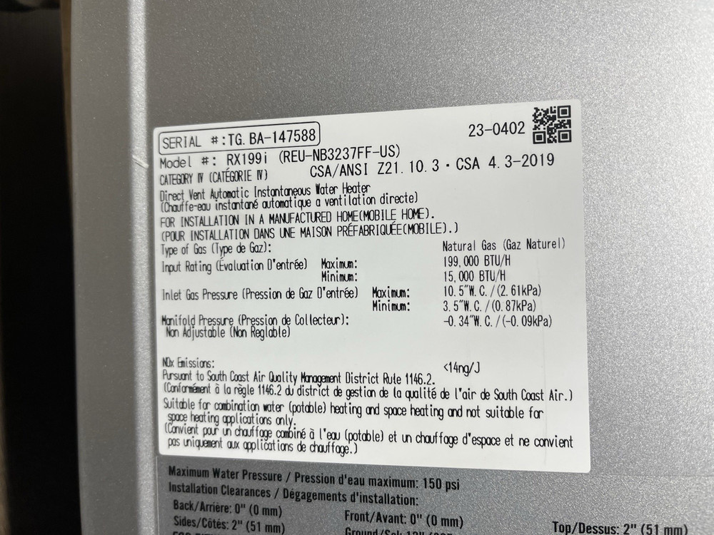 Rinnai RX199iN Tankless Water Heater 199k BTU Nat Gas/Propane (B-1 #1570)