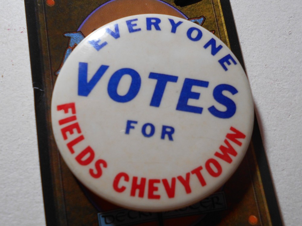 AD0068: Everyone Votes for Fields Chevytown  pinback button Chevrolet 2.25"