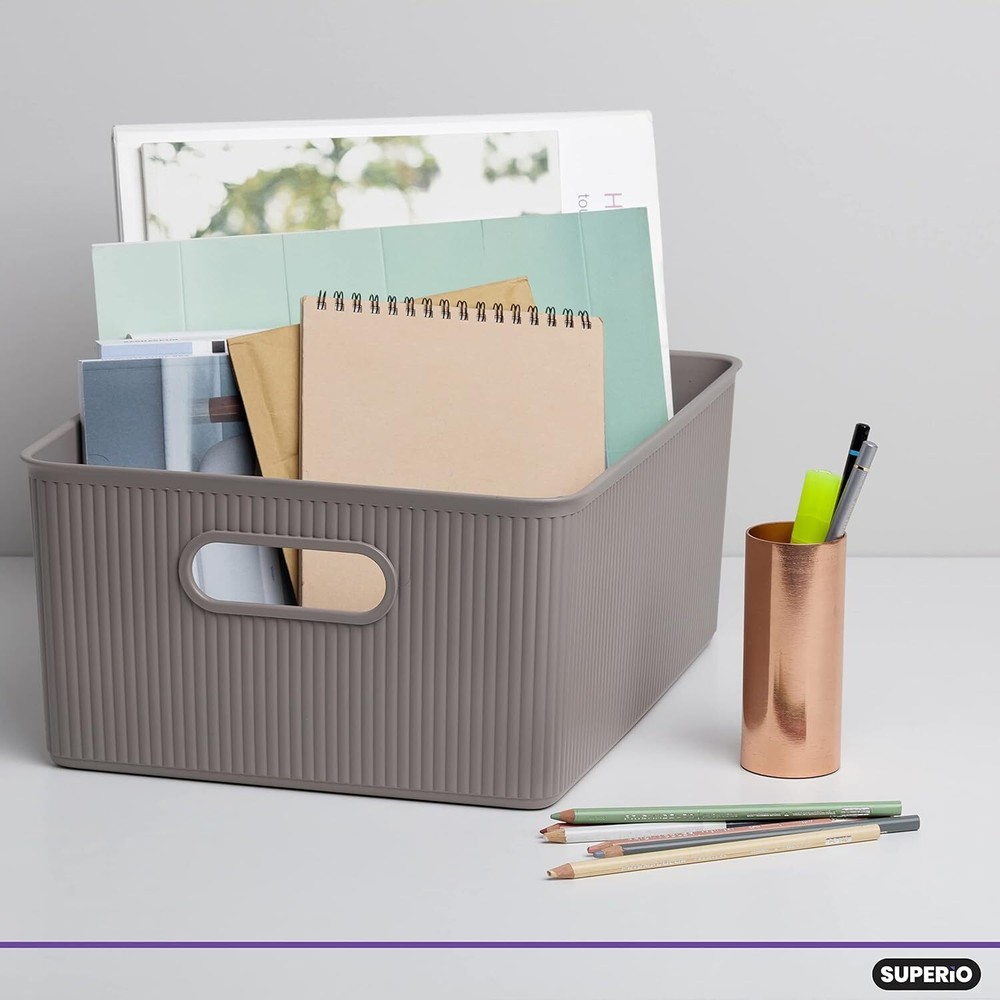 Decorative Storage Bins (8 Pack) Taupe Plastic Storage Baskets 15 Liter Medium