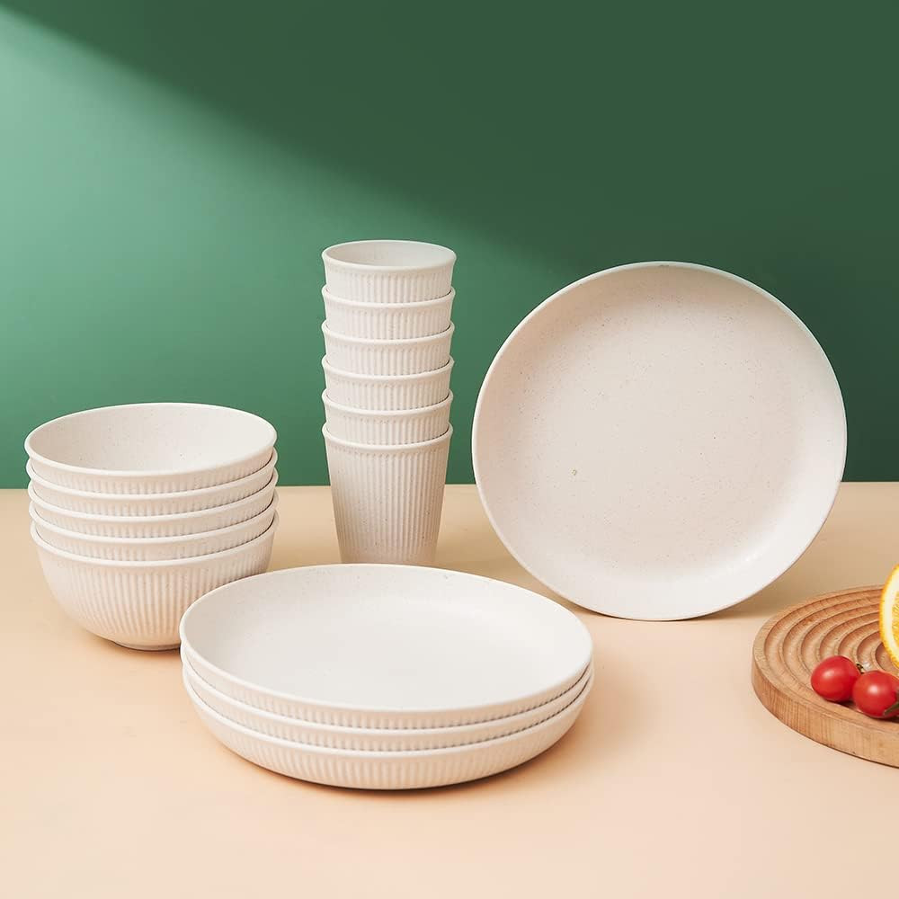 18Pcs Wheat Straw Dinnerware Sets Unbreakable Reusable Dinnerware Set Kitchen C