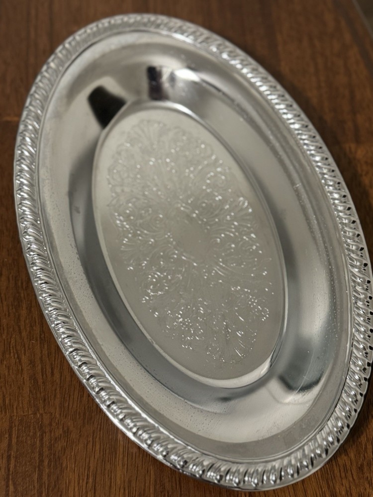 Sheldon Ware Silverplate Oval Serving Platter Floral Engraved Rope Edge